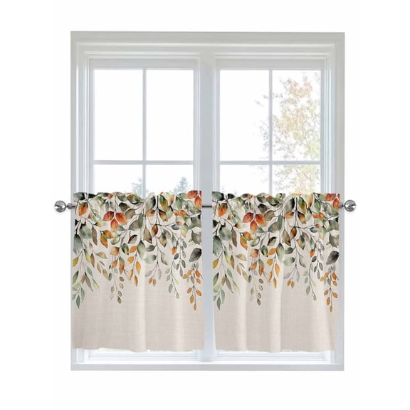 Half Window Curtains 24 Inches Long, Orange Green Eucalyptus Leaves Window Treatment Curtain Drapes, Fall Botanical Rustic Short Curtains Tiers for Kitchen Over Sink, 27.5"x24", 2 Panels