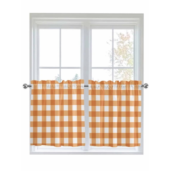 Half Window Curtains 24 Inches Long, Orange Plaid Window Treatment Curtain Drapes, Gradient Geometric Buffalo White Checkered Short Curtains Tiers for Kitchen Over Sink, 27.5"x24", 2 Panels