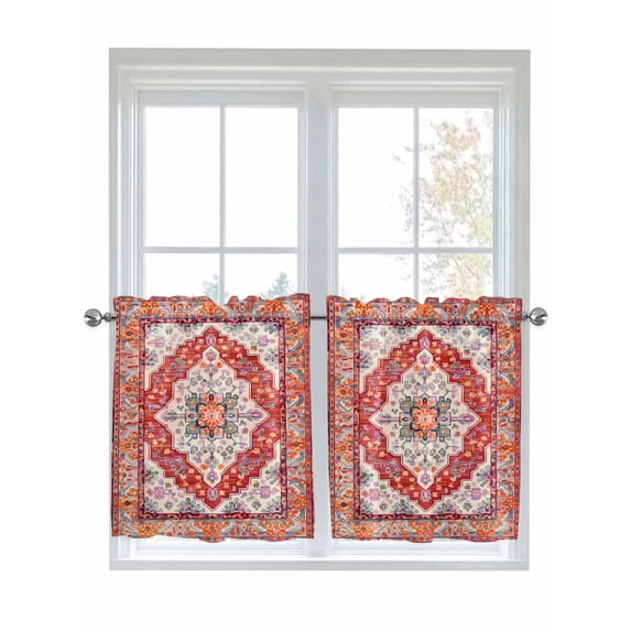 Half Window Curtains 24 Inches Long, Orange Red Boho Window Treatment Curtain Drapes, Vintage Flower Tribal Distressed Printed Short Curtains Tiers for Kitchen Over Sink, 27.5"x24", 2 Panels
