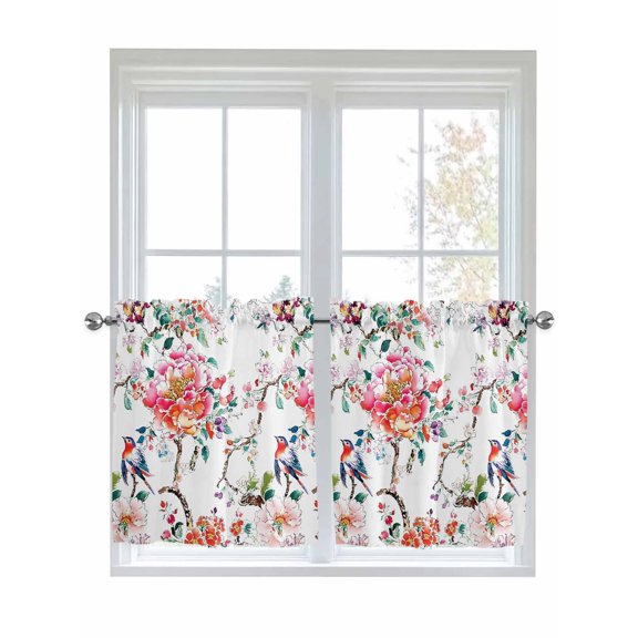 Half Window Curtains 24 Inches Long, Pink Floral Window Treatment Curtain Drapes, Vintage Oil Painting Botanical Birds Short Curtains Tiers for Kitchen Over Sink, 27.5"x24", 2 Panels
