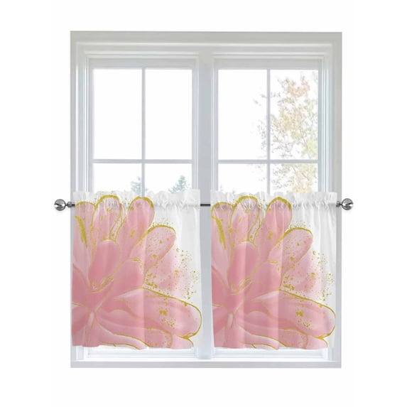 Half Window Curtains 24 Inches Long, Pink Gold Window Treatment Curtain Drapes, Boho Modern Abstract Minimalist Aesthetic Flower Short Curtains Tiers for Kitchen Over Sink, 27.5"x24", 2 Panels