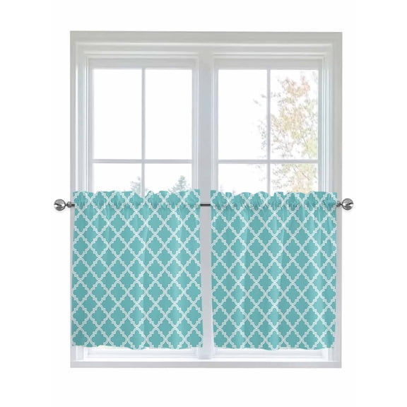 Half Window Curtains 24 Inches Long, Quatrefoil Moroccan Pattern Window Treatment Curtain Drapes, Geometric Aqua Morocco Short Curtains Tiers for Kitchen Over Sink, 27.5"x24", 2 Panels