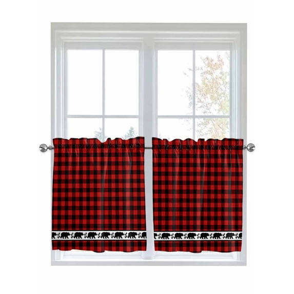 Half Window Curtains 24 Inches Long, Red Black Plaid Window Treatment Curtain Drapes, Country Vintage Bear Buffalo Gingham Short Curtains Tiers for Kitchen Over Sink, 27.5"x24", 2 Panels