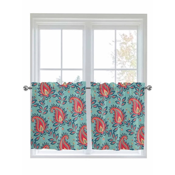 Half Window Curtains 24 Inches Long, Red Teal Boho Botanical Window Treatment Curtain Drapes, Southwestern Retro Ethnic Tribal Short Curtains Tiers for Kitchen Over Sink, 27.5"x24", 2 Panels