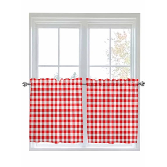 Half Window Curtains 24 Inches Long, Red White Plaid Window Treatment Curtain Drapes, Modern Farmhouse Buffalo Check Gingham Short Curtains Tiers for Kitchen Over Sink, 27.5"x24", 2 Panels