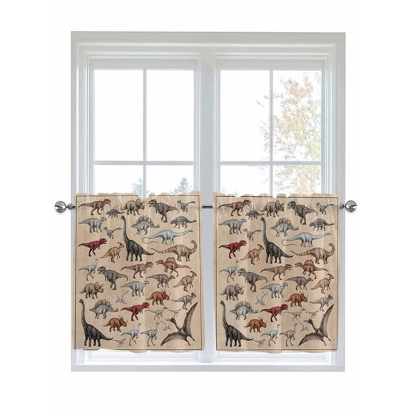 Half Window Curtains 24 Inches Long, Retro Dinosaurs Window Treatment Curtain Drapes, Vintage Primitive Wild Animals Brown Short Curtains Tiers for Kitchen Over Sink, 27.5"x24", 2 Panels