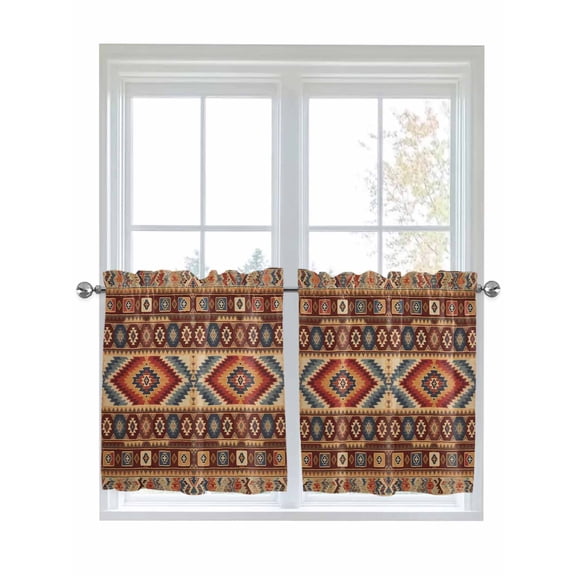 Half Window Curtains 24 Inches Long, Retro Southwest Window Treatment Curtain Drapes, Boho Aztec Tribal Abstract Geometric Short Curtains Tiers for Kitchen Over Sink, 27.5"x24", 2 Panels