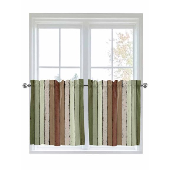 Half Window Curtains 24 Inches Long, Sage Green Window Treatment Curtain Drapes, Farmhouse Wood Grain Vintage Brown Striped Short Curtains Tiers for Kitchen Over Sink, 27.5"x24", 2 Panels