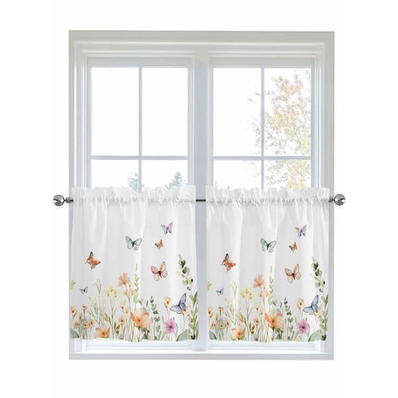 Half Window Curtains 24 Inches Long, Spring Floral Window Treatment Curtain Drapes, Butterfly Summer Botanical Watercolor Short Curtains Tiers for Kitchen Over Sink, 27.5"x24", 2 Panels