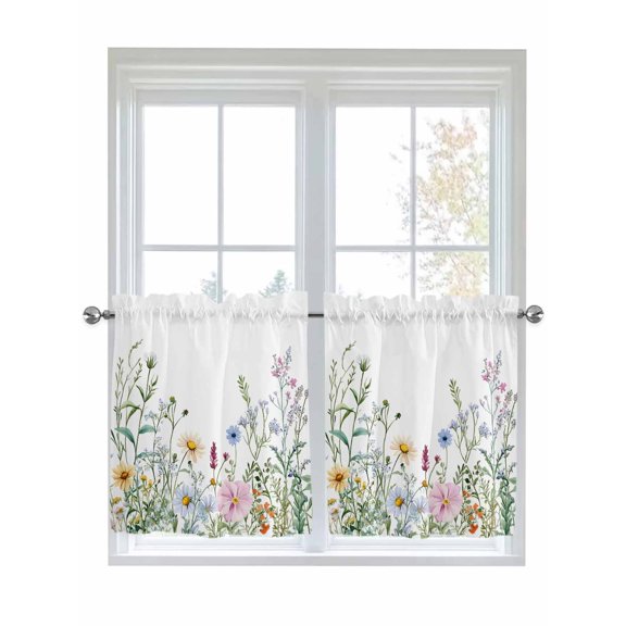 Half Window Curtains 24 Inches Long, Spring Floral Window Treatment Curtain Drapes, Wildflowers Herbs Summer Botanical Short Curtains Tiers for Kitchen Over Sink, 27.5"x24", 2 Panels