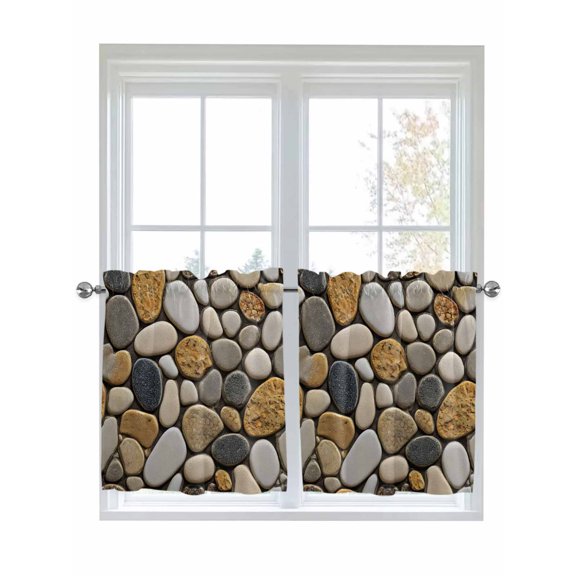 Half Window Curtains 24 Inches Long, Stones Window Treatment Curtain Drapes, Gravel Rock Cobblestone Natural Pattern Art Short Curtains Tiers for Kitchen Over Sink, 27.5"x24", 2 Panels