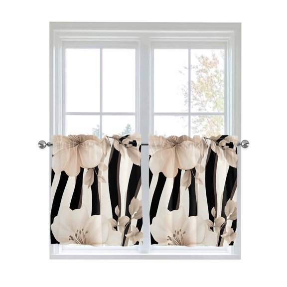 Half Window Curtains 24 Inches Long, Stripes Floral Window Treatment Curtain Drapes, Spring Flower Zebra Animal Pattern Floral Short Curtains Tiers for Kitchen Over Sink, 27.5"x24", 2 Panels