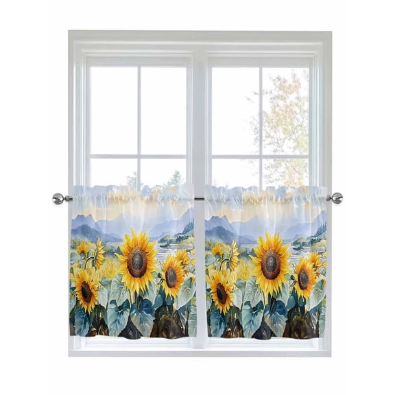 Half Window Curtains 24 Inches Long, Sunflower Summer Window Treatment Curtain Drapes, Vintage Farmhouse Field Floral Short Curtains Tiers for Kitchen Over Sink, 27.5"x24", 2 Panels