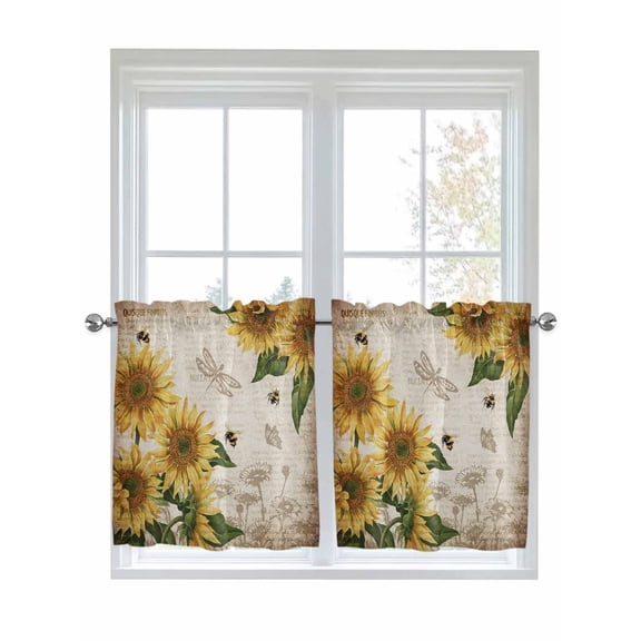 Half Window Curtains 24 Inches Long, Sunflowers Window Treatment Curtain Drapes, Vintage Yellow Floral Farm Butterfly Short Curtains Tiers for Kitchen Over Sink, 27.5"x24", 2 Panels