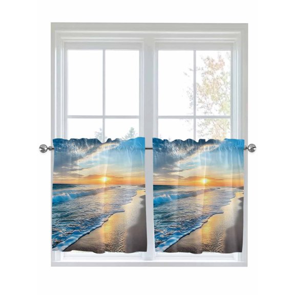 Half Window Curtains 24 Inches Long, Sunset Beach Window Treatment Curtain Drapes, Spray Ocean Waves Sky Nature Scenery Short Curtains Tiers for Kitchen Over Sink, 27.5"x24", 2 Panels