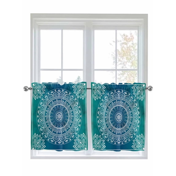 Half Window Curtains 24 Inches Long, Teal Blue Boho Window Treatment Curtain Drapes, Retro White Rustic Flower Ethnic Pattern Short Curtains Tiers for Kitchen Over Sink, 27.5"x24", 2 Panels