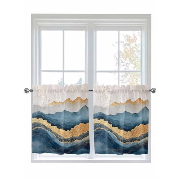 Half Window Curtains 24 Inches Long, Teal Golden Window Treatment Curtain Drapes, Modern Oil Painting Art Short Curtains Tiers for Kitchen Over Sink, 27.5"x24", 2 Panels