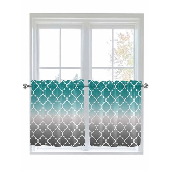 Half Window Curtains 24 Inches Long, Teal Grey Ombre Morocco Pattern Window Treatment Curtain Drapes, Modern Moroccan Geometric Short Curtains Tiers for Kitchen Over Sink, 27.5"x24", 2 Panels