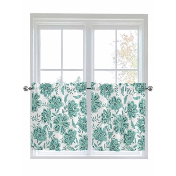 Half Window Curtains 24 Inches Long, Turquoise Paisley Floral Window Treatment Curtain Drapes, Boho Vintage Ethnic Flowers Short Curtains Tiers for Kitchen Over Sink, 27.5"x24", 2 Panels