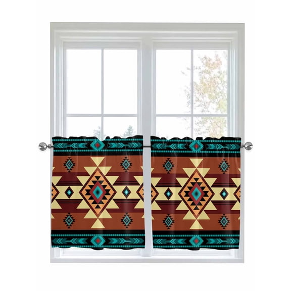 Half Window Curtains 24 Inches Long, Turquoise Red Window Treatment Curtain Drapes, Southwest American Native Abstract Pattern Short Curtains Tiers for Kitchen Over Sink, 27.5"x24", 2 Panels
