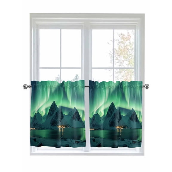 Half Window Curtains 24 Inches Long, Turquoise Window Treatment Curtain Drapes, Teal Aurora Iceland Scenery Mountain Short Curtains Tiers for Kitchen Over Sink, 27.5"x24", 2 Panels