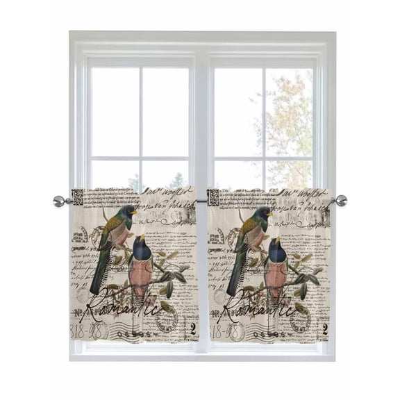 Half Window Curtains 24 Inches Long, Vintage Birds Window Treatment Curtain Drapes, Country Envelope Postmark Farmhouse Botancial Short Curtains Tiers for Kitchen Over Sink, 27.5"x24", 2 Panels