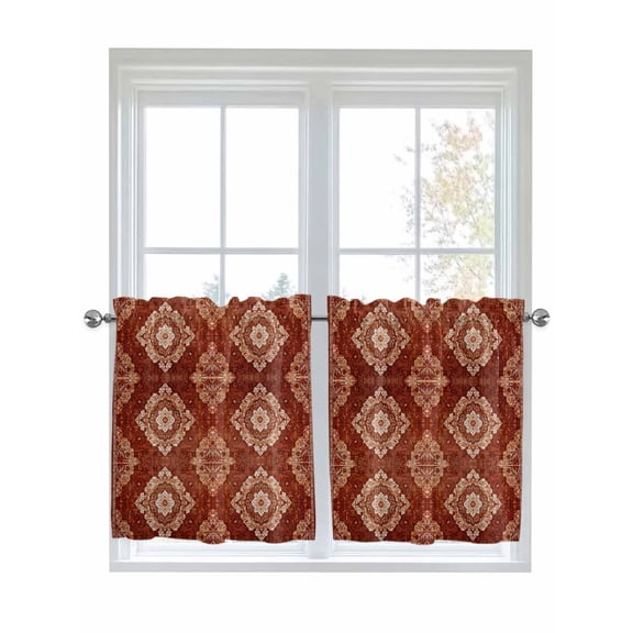 Half Window Curtains 24 Inches Long, Vintage Brown Window Treatment Curtain Drapes, Boho Ethnic Geometric Abstract Art Southwestern Short Curtains Tiers for Kitchen Over Sink, 27.5"x24", 2 Panels