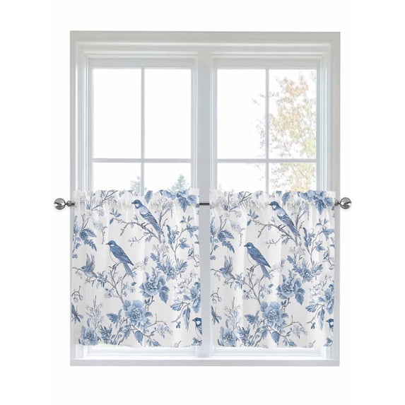 Half Window Curtains 24 Inches Long, White Blue Spring Floral Window Treatment Curtain Drapes, Summer Birds Botanical Short Curtains Tiers for Kitchen Over Sink, 27.5"x24", 2 Panels