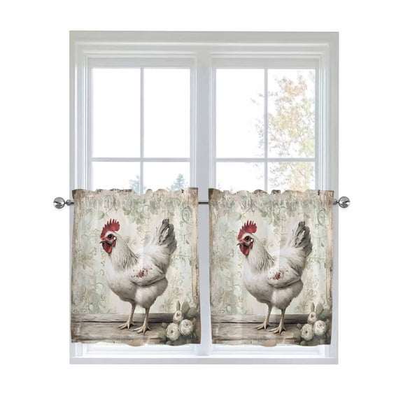 Half Window Curtains 24 Inches Long, White Chicken Rustic Window Treatment Curtain Drapes, Vintage Floral Oil Painting Short Curtains Tiers for Kitchen Over Sink, 27.5"x24", 2 Panels