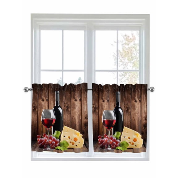 Half Window Curtains 24 Inches Long, Wine Cheese Window Treatment Curtain Drapes, Grapes Farmhouse Brown Wooden Plank Short Curtains Tiers for Kitchen Over Sink, 27.5"x24", 2 Panels