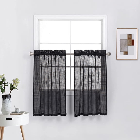 Half Window Tier Curtains Linen Textured 36 Inches Long for Kitchen/Café Window Treatment Set of 2 Panels, (27"W x 36"L, Black)