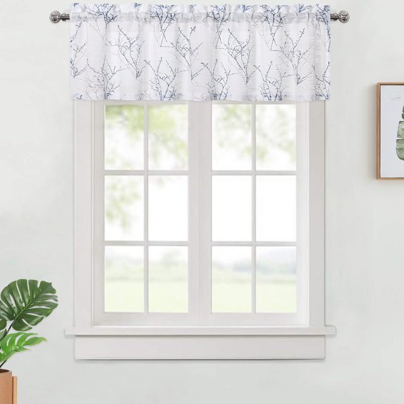 Half Window Tiers Kitchen Valance Semi Sheer Valance Curtains Branch Print Voile Rod Pocket Valances for Cafe,52X15 Inches,Navy