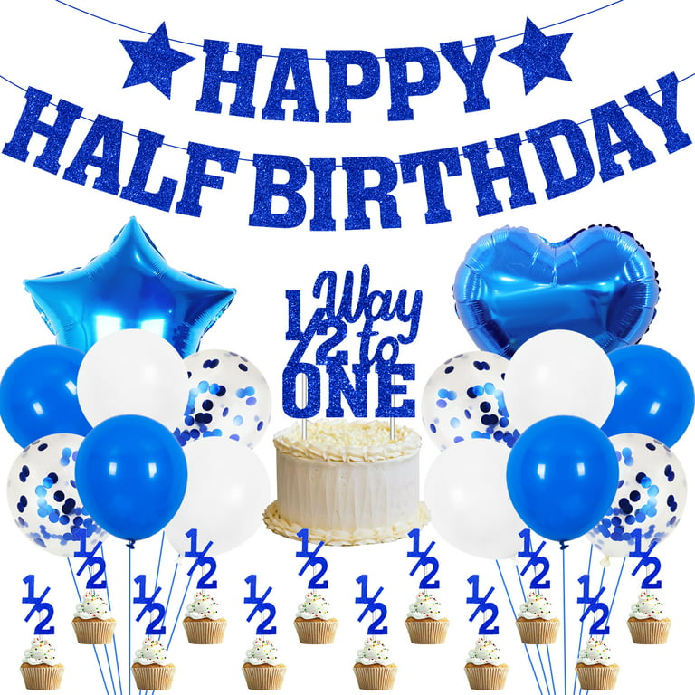 Half Year Old Birthday Party Decorations for Boys Blue Glitter Happy Half  Birthday Banner 1/2 Way To One Cake Topper Balloons Set For 6 Months  Birthday Party Supplies 