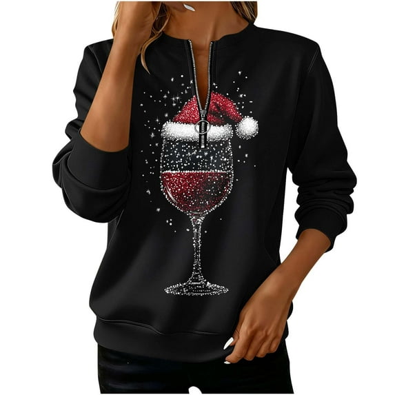 Half Zip Christmas Sweatshirts for Women Pullover Dressy Loose Crew Neck Xmas Blouse Long Sleeve Casual Graphic Tops