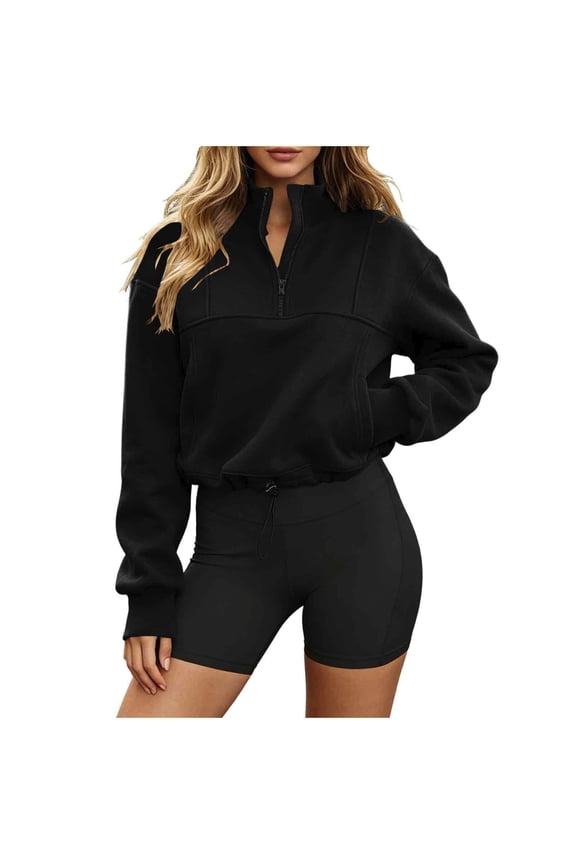 Half Zip Cropped Sweatshirts Women Causal Stand Collar Crop Pullover with Push-Lock Drawstring Hem Winter Warm Long Sleeve Fleece Sweatshirt Black L