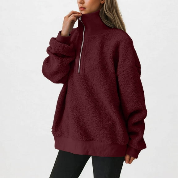 Half Zip Fleece Sweatshirt Womens Oversized Fit Casual Warm Long Sleeve Sherpa Lapel Pullover Sweater Tops 2025 (2XL, Wine)