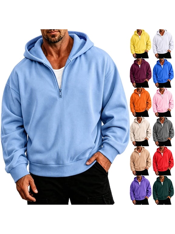 Half Zip Hoodie Pullover for Men Casual Fall Winter Hooded Sweatshirt Lightweight Loose Fit Long Sleeve Tops (XL, Light Blue)
