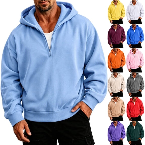 Half Zip Hoodie Pullover for Men Casual Fall Winter Hooded Sweatshirt Lightweight Loose Fit Long Sleeve Tops (XL, Light Blue)