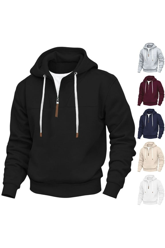 Half Zip Hoodies for Men Long Sleeve Sweatshirts Solid Color Sweatshirt Casual Hooded Pullover Loose Fit Drawstring Hoodies Activewear Quarter Zip Hoody Tops with Pockets