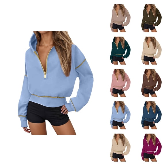 Half Zip Hoodies for Women 2025 Fall Winter Long Sleeve Casual Plain Cropped Hooded Sweatshirt Pullover Tops