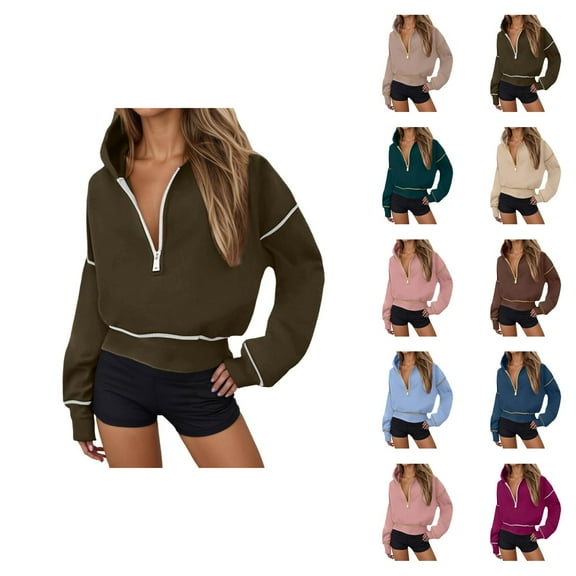 Half Zip Hoodies for Women 2025 Fall Winter Long Sleeve Casual Plain Cropped Hooded Sweatshirt Pullover Tops