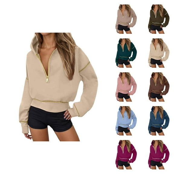 Half Zip Hoodies for Women 2025 Fall Winter Long Sleeve Casual Plain Cropped Hooded Sweatshirt Pullover Tops
