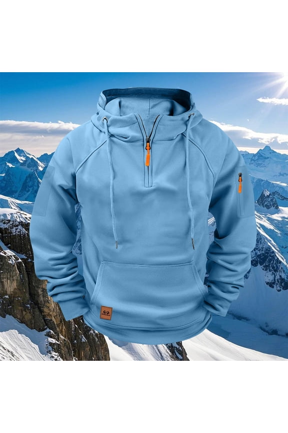 Half Zip Jacket Men Blue Plain Drawstring Hoodies Long Sleeve Pocket Workout Winter Mens Outerwear