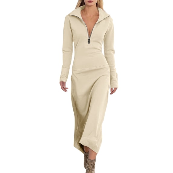 Half Zip Lapel Midi Dress for Women Elegant Long Sleeve Business Casual Office Party Pencil Dresses