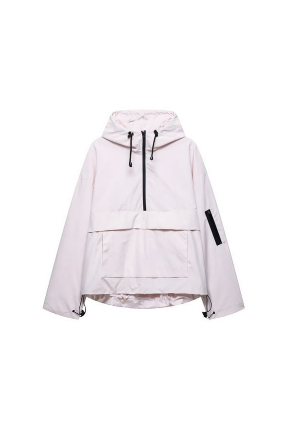 Half Zip Oversized Tops for Women Patchwork Jackets Waterproof Windproof Coats Long Sleeve Mock Neck Overcoat Drop Shoulder Costume with Drawstring Pockets Fashion Casual Going Out Top