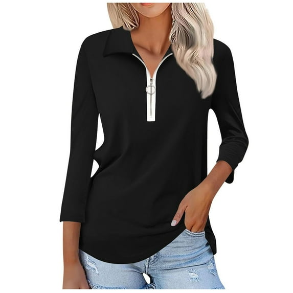 Half Zip Pullover Blouse Womens Solid Color 3/4 Length Sleeve Shirt V-Neck Loose Fit Casual Tunic Tops Summer Clothes for Women (Black 3XL)