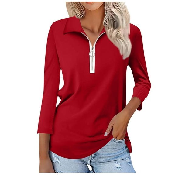 Half Zip Pullover Blouse Womens Solid Color 3/4 Length Sleeve Shirt V-Neck Loose Fit Casual Tunic Tops Summer Clothes for Women (Red 3XL)