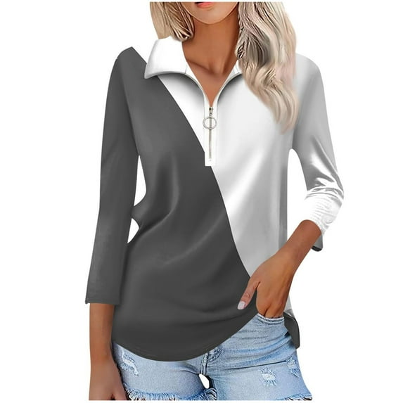 Half Zip Pullover Blouse Womens Solid Color 3/4 Length Sleeve Shirt V-Neck Loose Fit Casual Tunic Tops Summer Clothes for Women (White M)