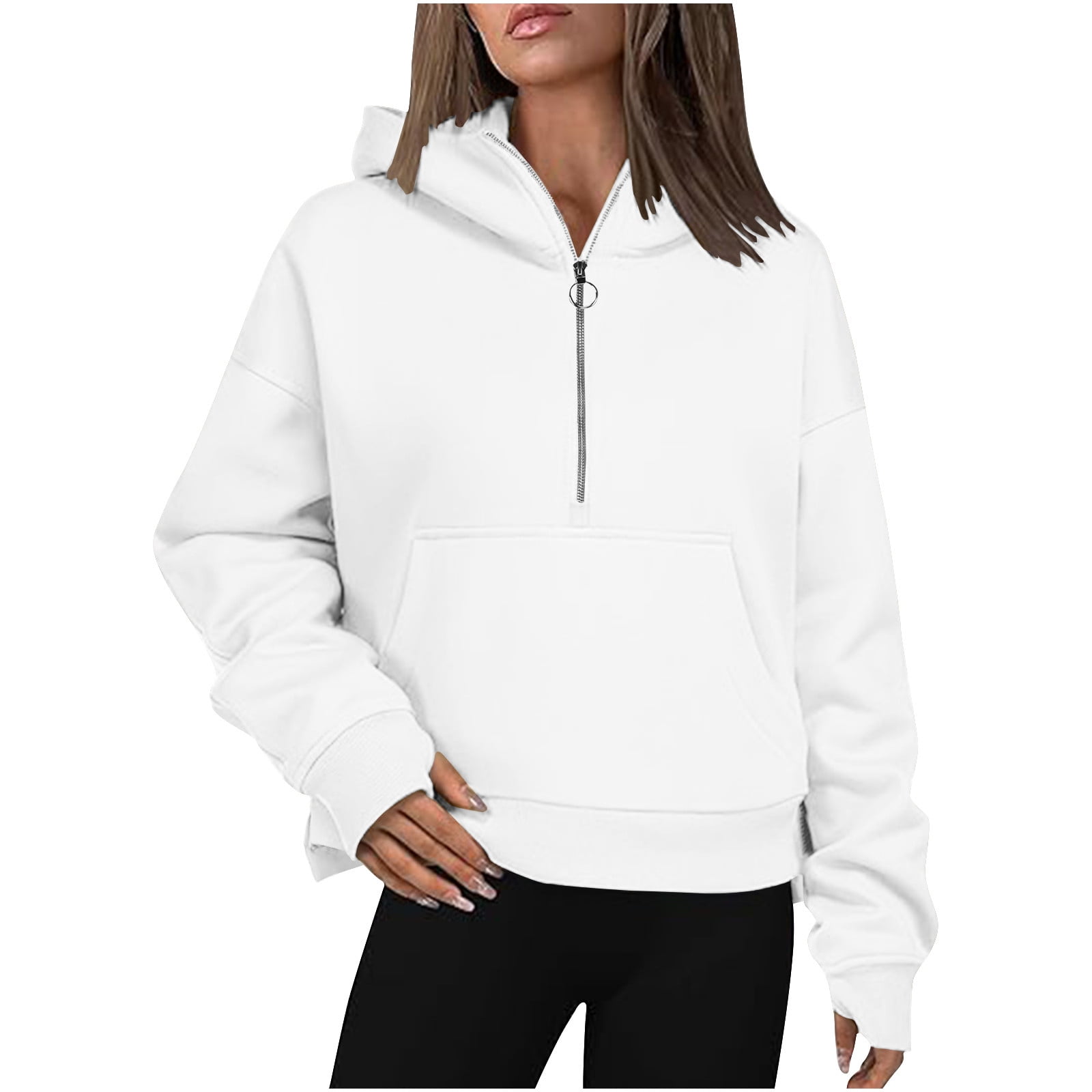 Half Zip Pullover Crop Sweatshirts for Women Trendy Fall Plain Hoodie Thumb Holes Loose Pocket Cotton Hooded Jumpers L White Walmart