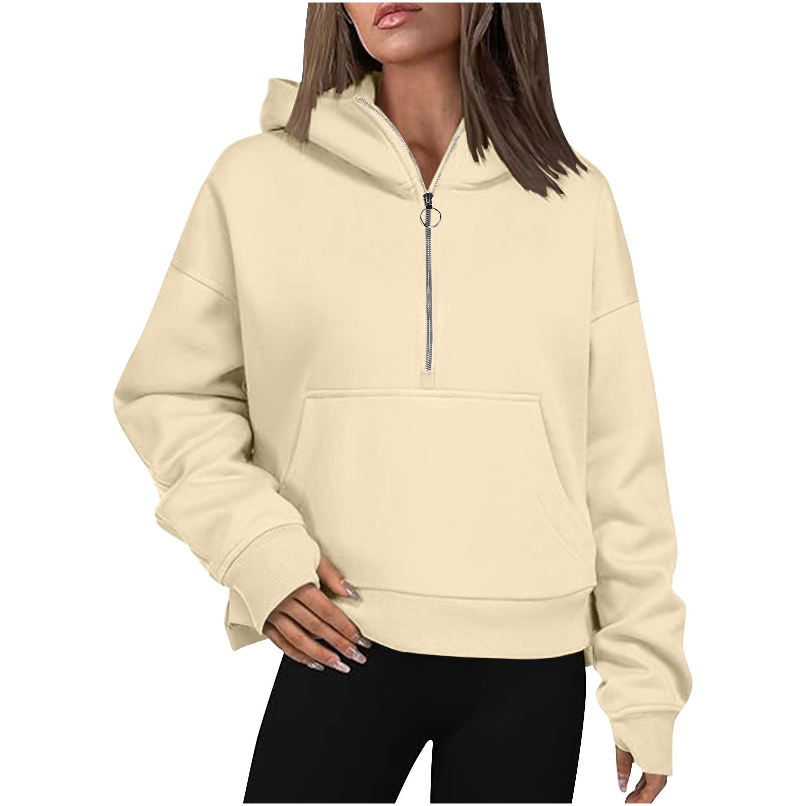 Half Zip Pullover Crop Sweatshirts for Women Trendy Fall Plain Hoodie Thumb Holes Loose Pocket Cotton Hooded Jumpers S Khaki Walmart